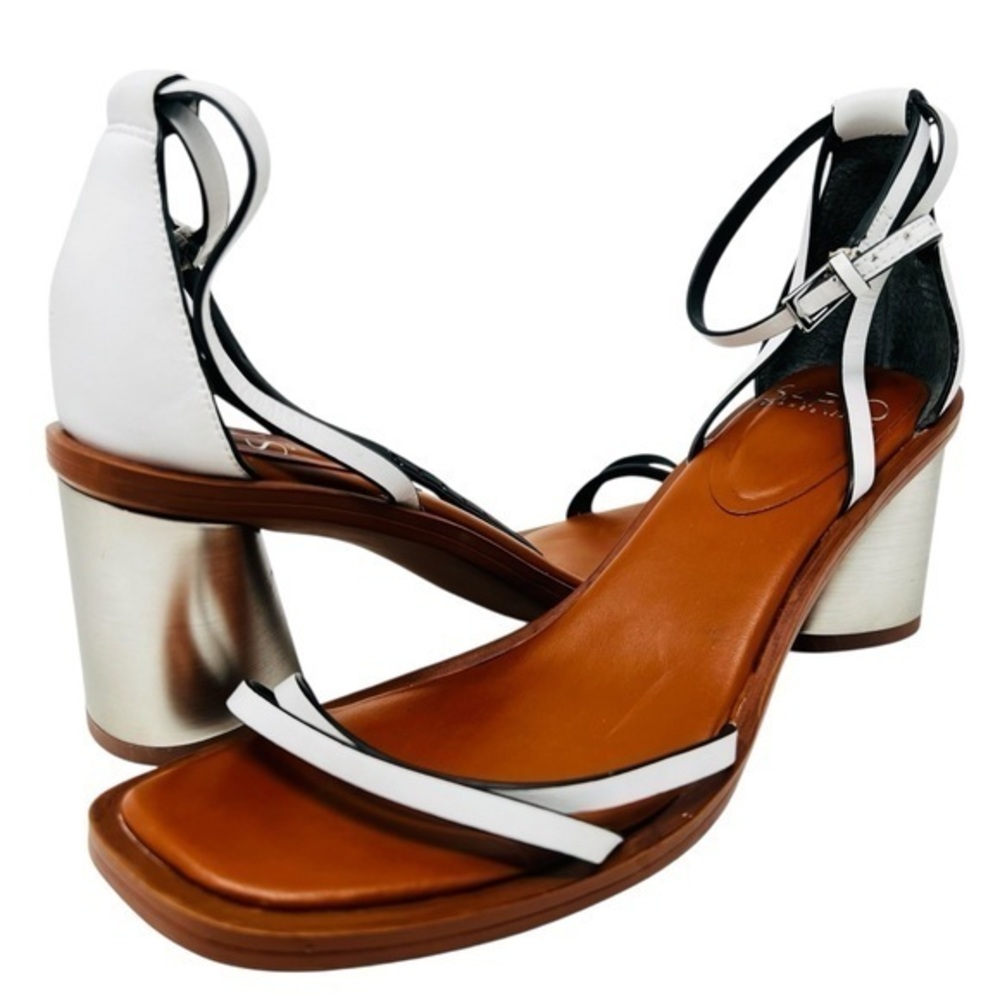 Franco Sarto White and Brown Block Heel Sandals